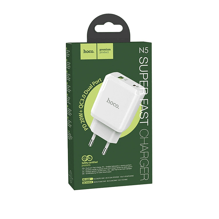 Cargador Hoco N5 Favor dual port PD20W QC3.0 Blanco 2