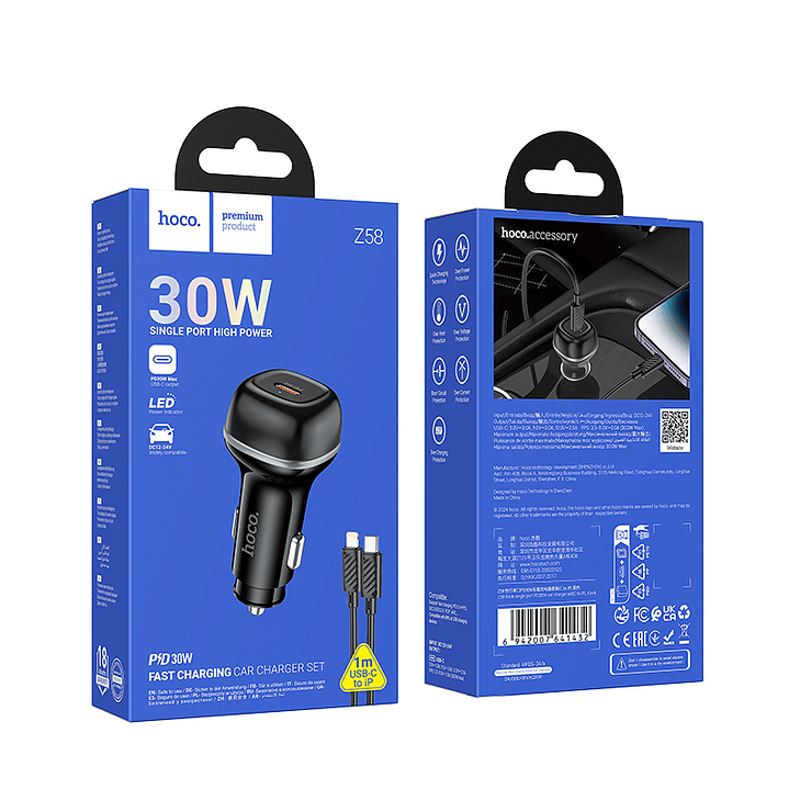 Cargador Auto Hoco Z58 Rank PD30W Cable C a iP negro 2