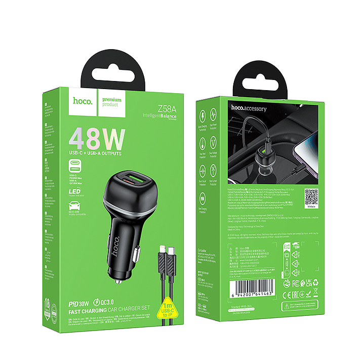 Cargador Auto Hoco Z58A Rank 48W PD30W+QC3.0 Cable C a iP Negro 2