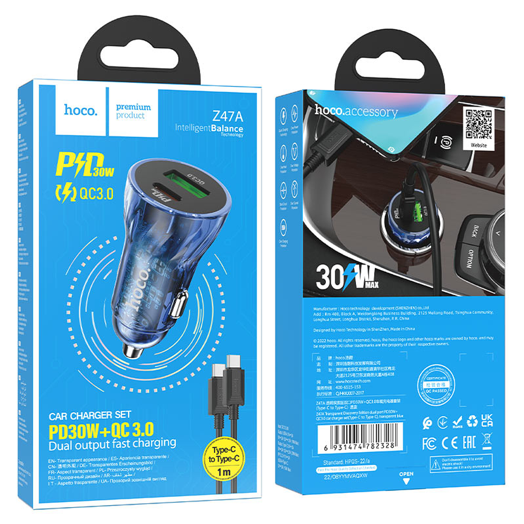 Hoco Cargador Auto Set Z47A Transparent Discovery PD30W+QC3.0 PD a PD Azul 2