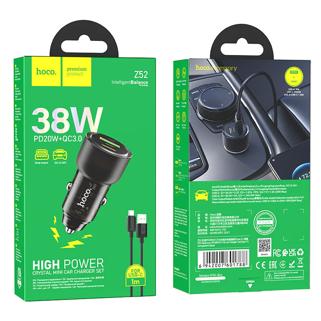 Cargador de Auto Hoco Z52 Spacious PD38W Cable Tipo C Negro 2