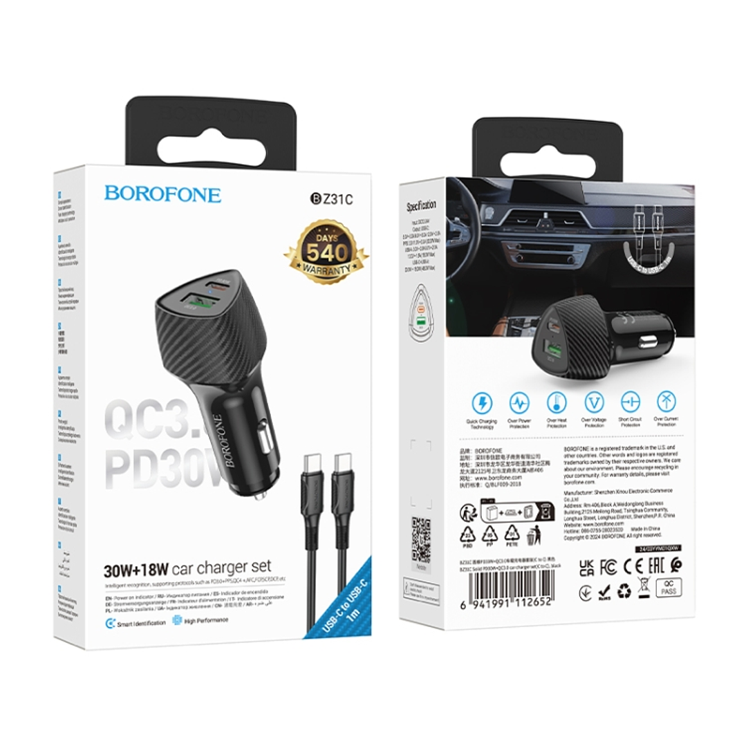 Cargador de auto Borofone BZ31C, PD30W tipo C + QC3.0, con cable tipo C a tipo C 2