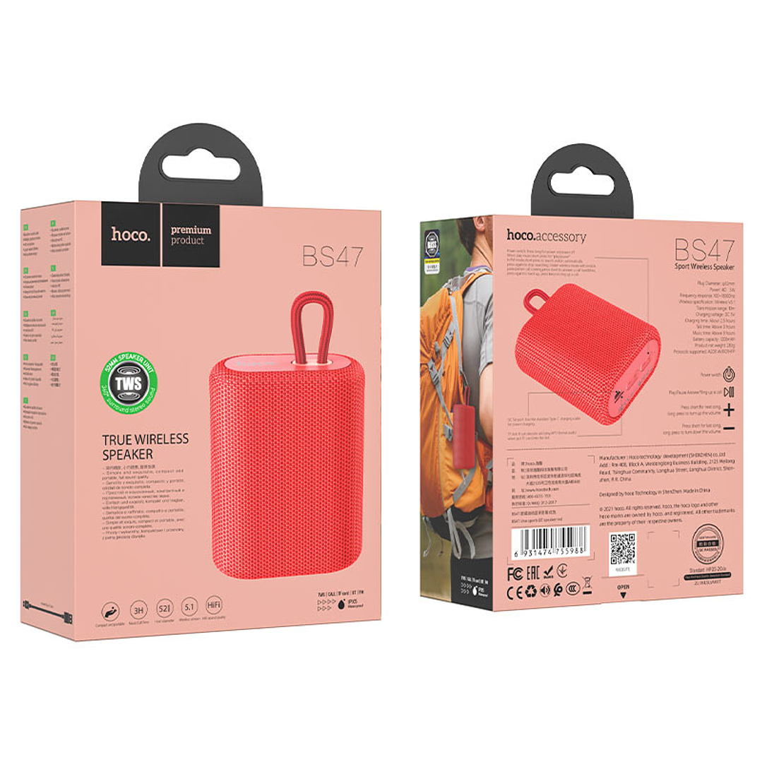Parlante Hoco BS47 Sport TWS Bluetooth Rojo 2