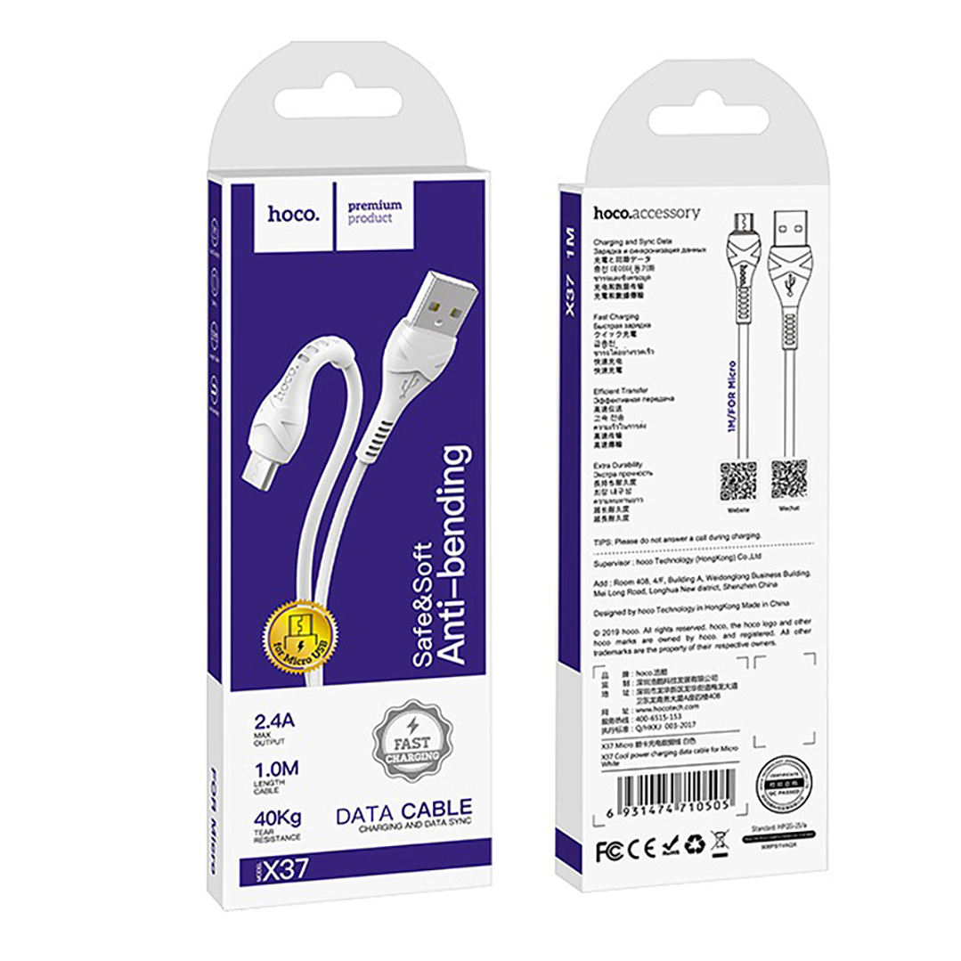 Cable Hoco X37 Cool USB A MicroUSB 1m 2.4A Blanco 2