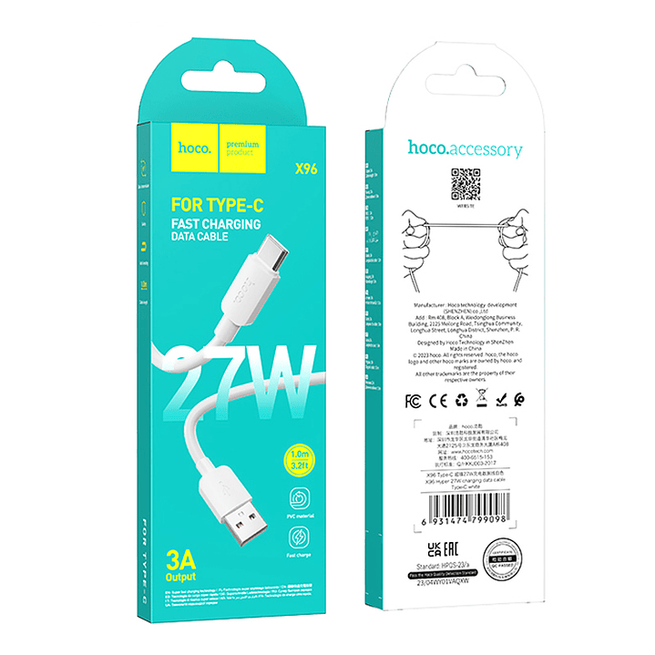 Cable Hoco X96 Hyper USB ATipo C 1m 27W Blanco 2