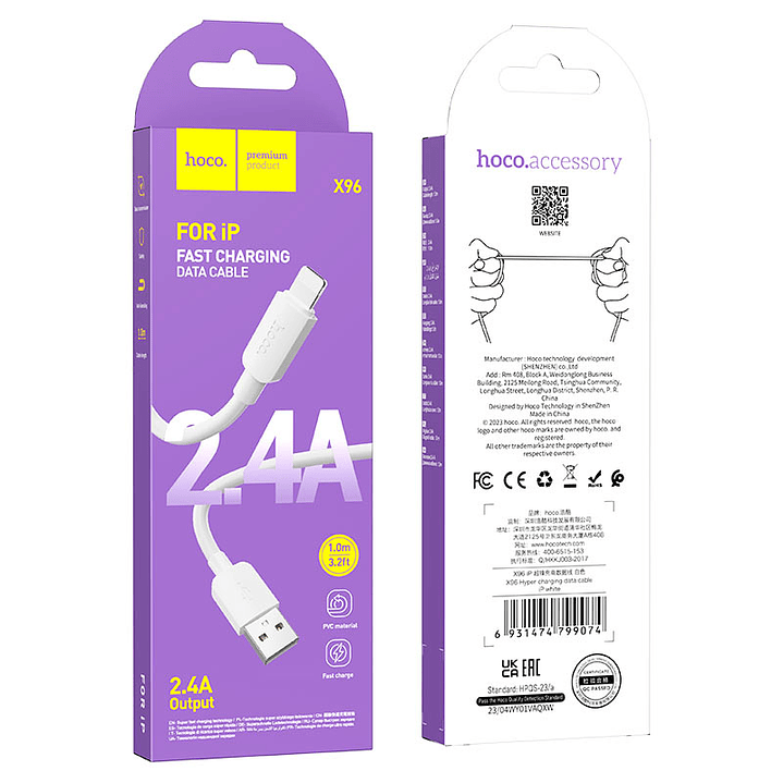 Cable Hoco X96 Hyper USB A Lightning 1m 2.4A Blanco 2