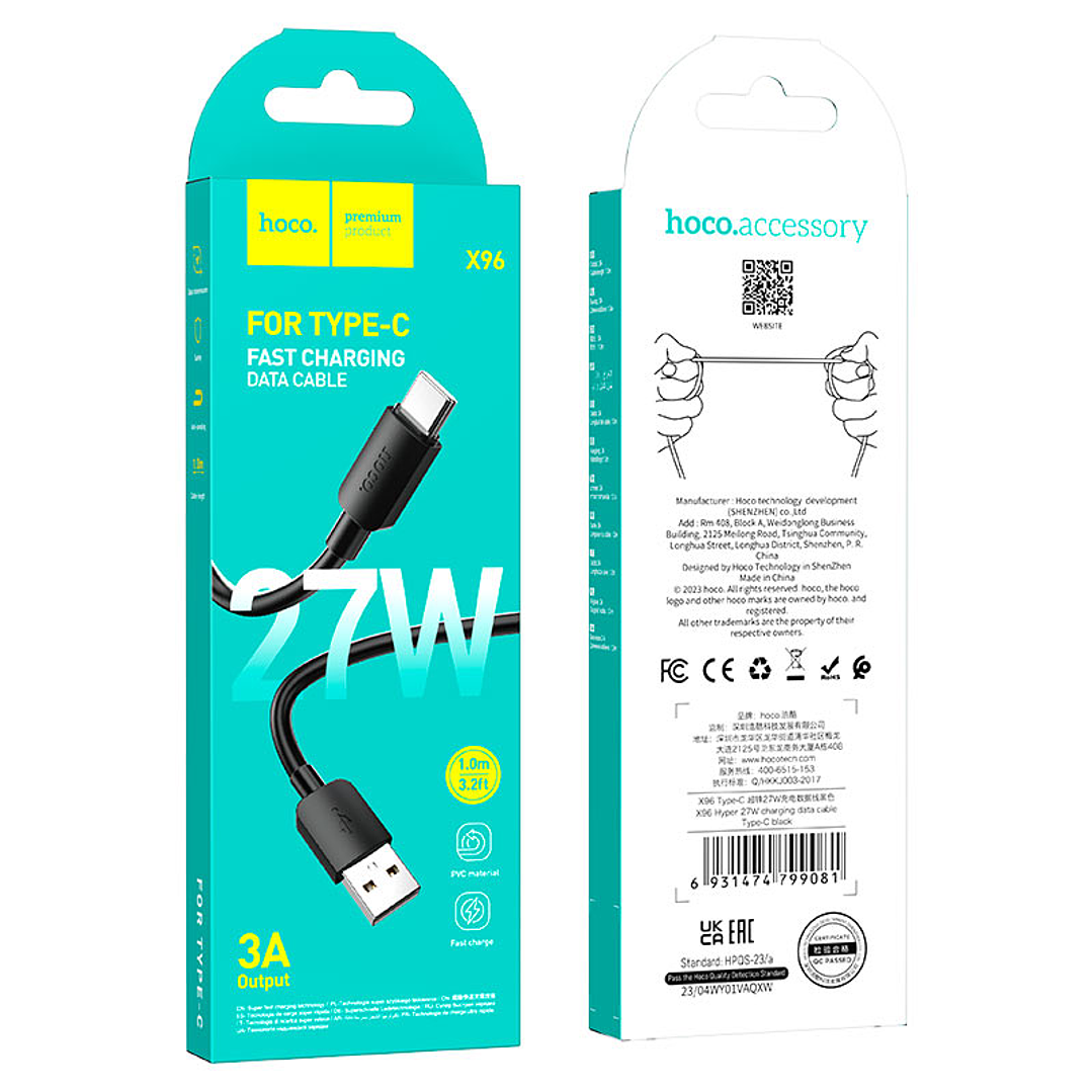 Cable Hoco X96 Hyper USB A Tipo C 1m 27W Negro 2