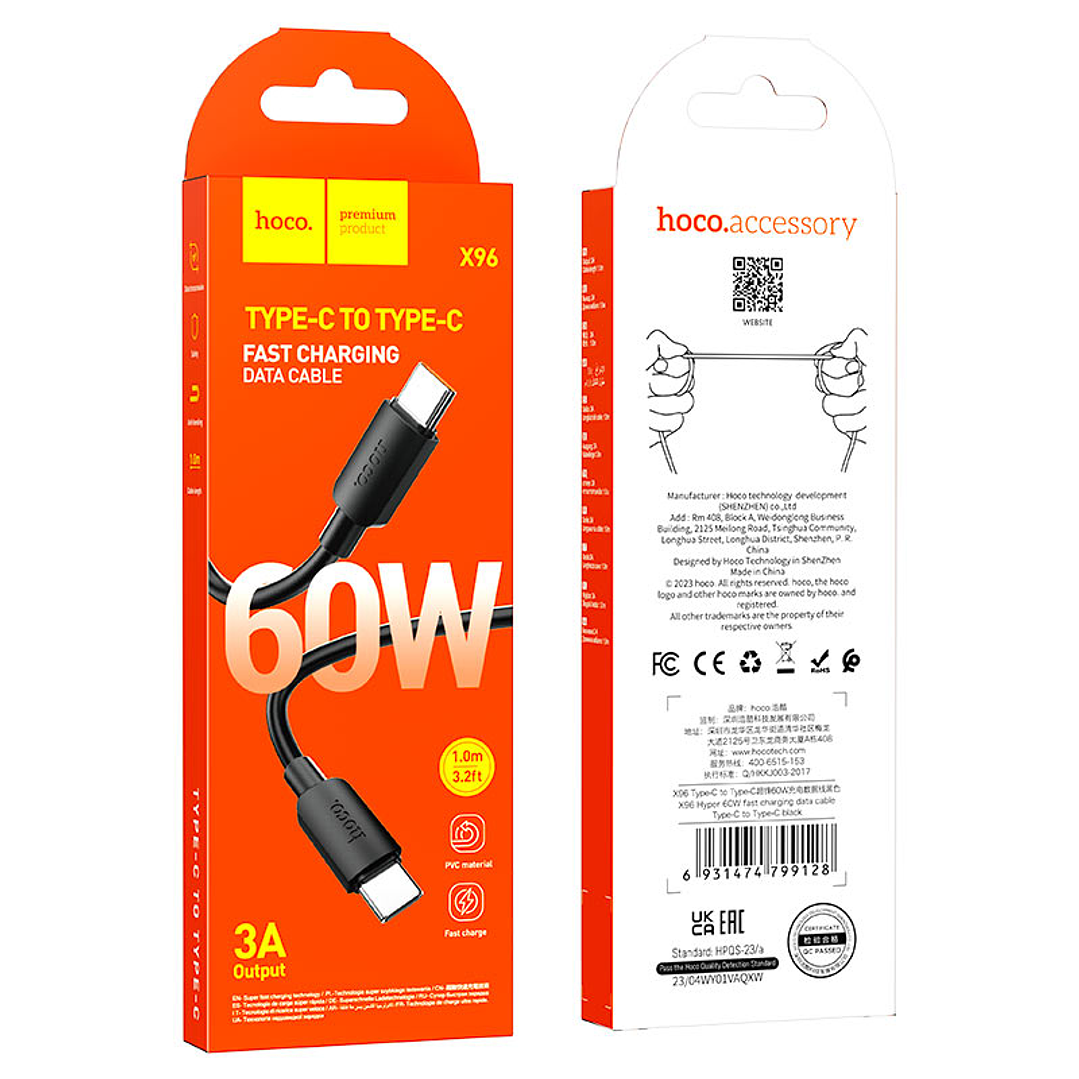 Cable Hoco X96 Hyper 60W Tipo C a Tipo C Negro, 1m 2