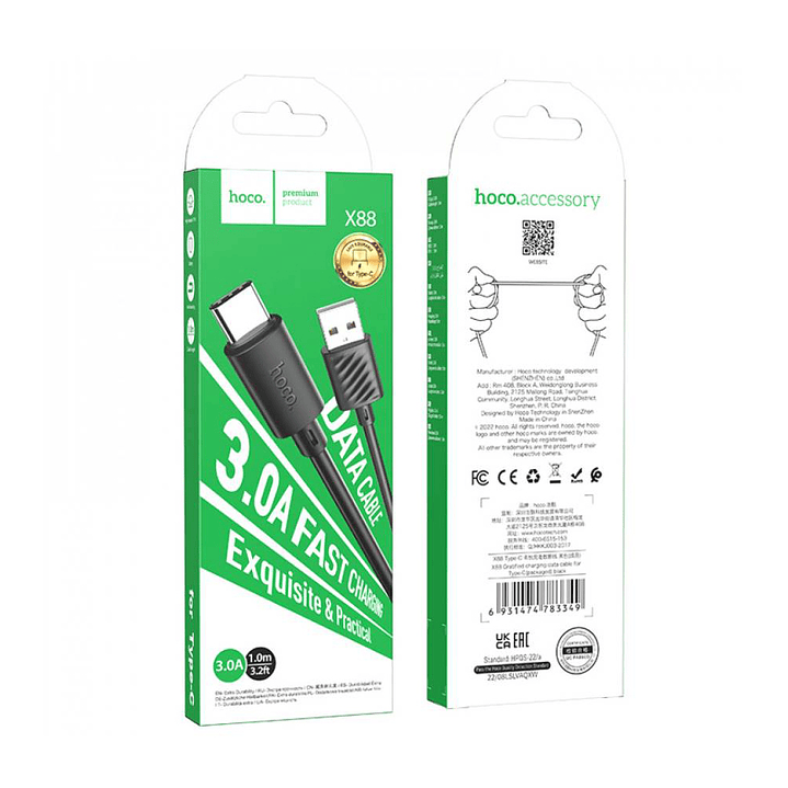 Cable Hoco X88 Gratified USB A Tipo C 3A 1m Negro 2