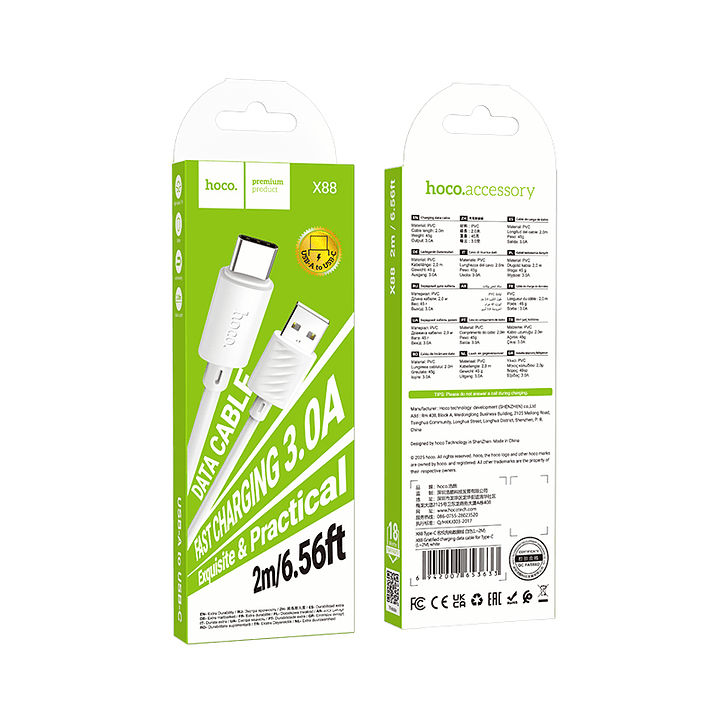 Cable Hoco X88 Gratified Tipo C 2M Blanco 2