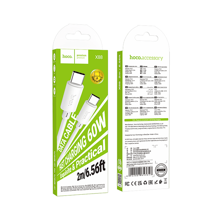 Cable Hoco X88 Gratified 60W C a C 2M Blanco 2