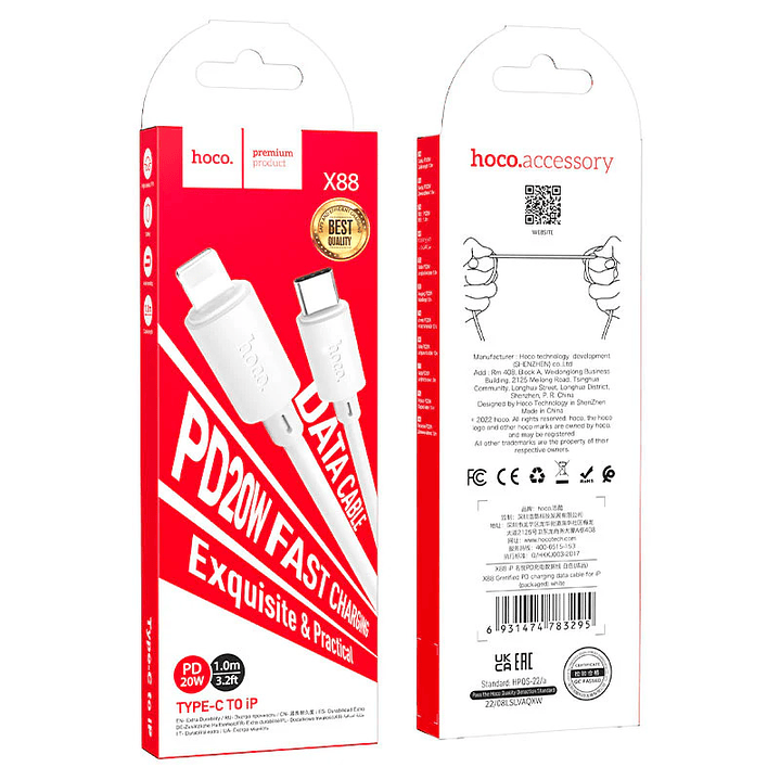 Cable Hoco X88 Gratified USB C PD a Lightning 20W 1m Blanco 2