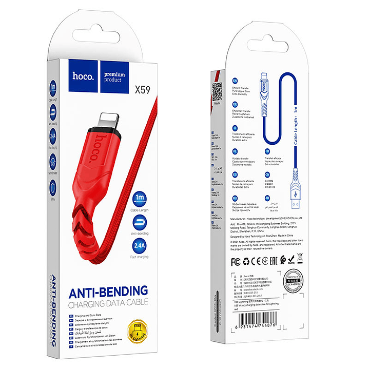 Cable Hoco X59 Victory Lightning Rojo 2