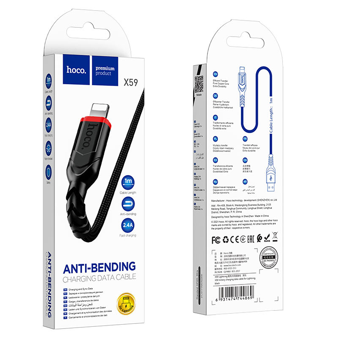 Cable Hoco X59 Victory USB A Lightning 2.4A 1m Negro 2