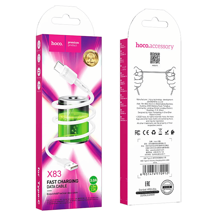 Cable HOCO X83 VICTORY USB - TIPO C BLANCO 3