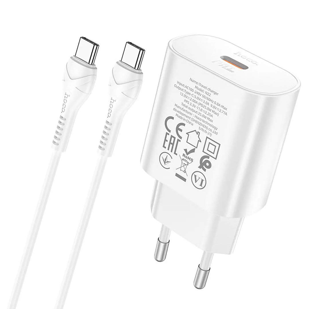 Cargador con cable USB C a C HOCO N22 PD25W BLANCO 5