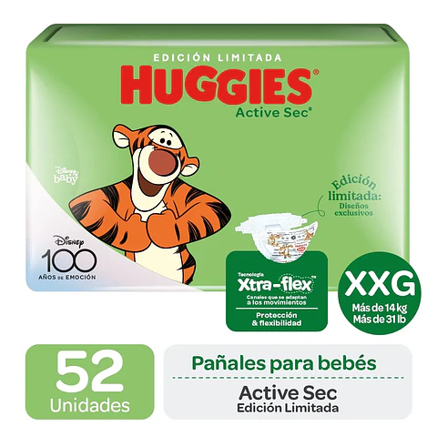 Pañales Huggies Active Sec Paq. 52 Un Talla Xxg