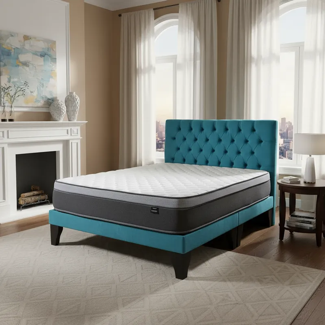 Cama Europea King Base Dividida + Respaldo Capitones Turquesa+Colchon 1