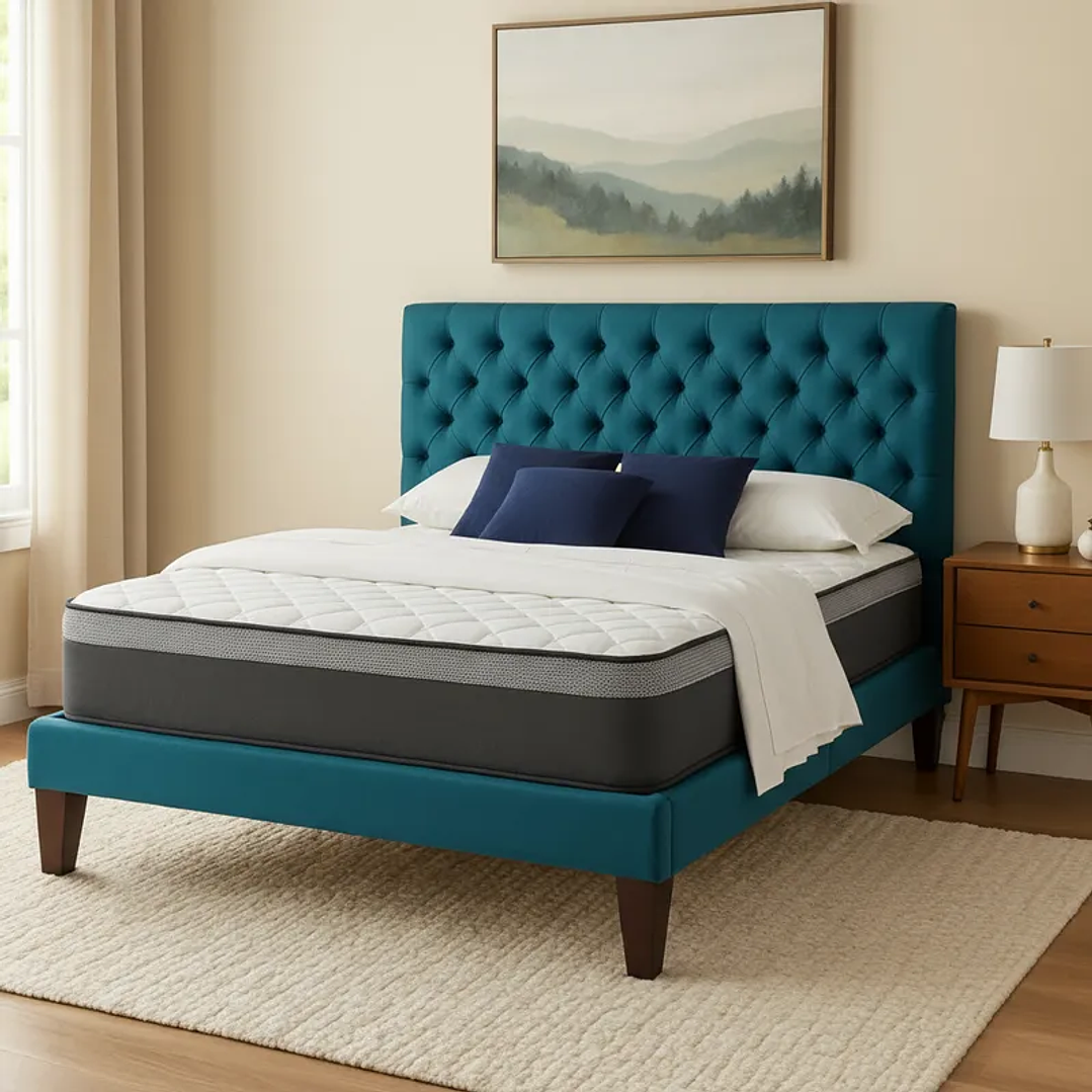 Cama Europea King Base Dividida + Respaldo Capitones Turquesa+Colchon 5