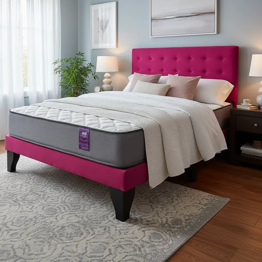 Cama Europea 2 Plazas Base Dividida + Respaldo Abotonado + Colchón 1