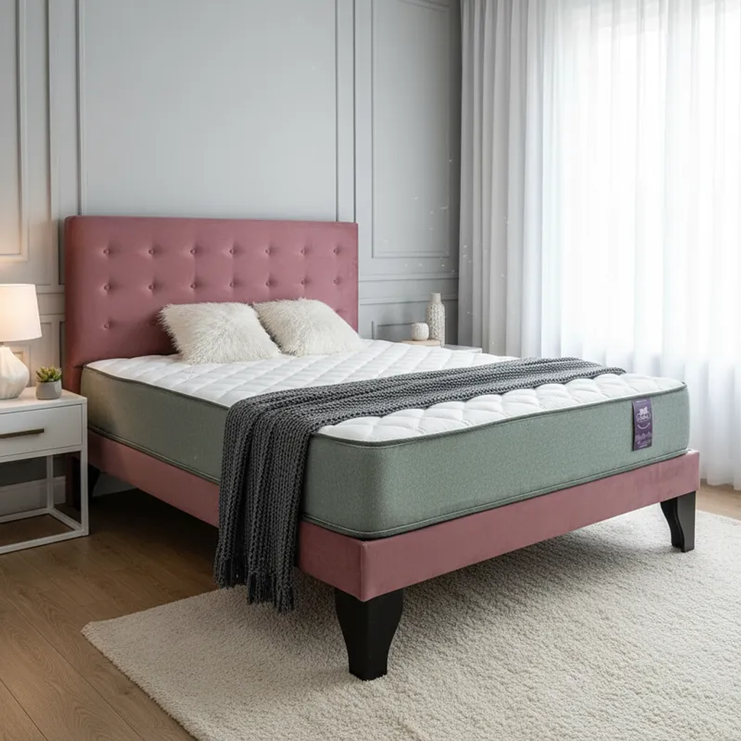 Cama Europea 2 Plazas Base Dividida + Respaldo Abotonado + Colchón 3