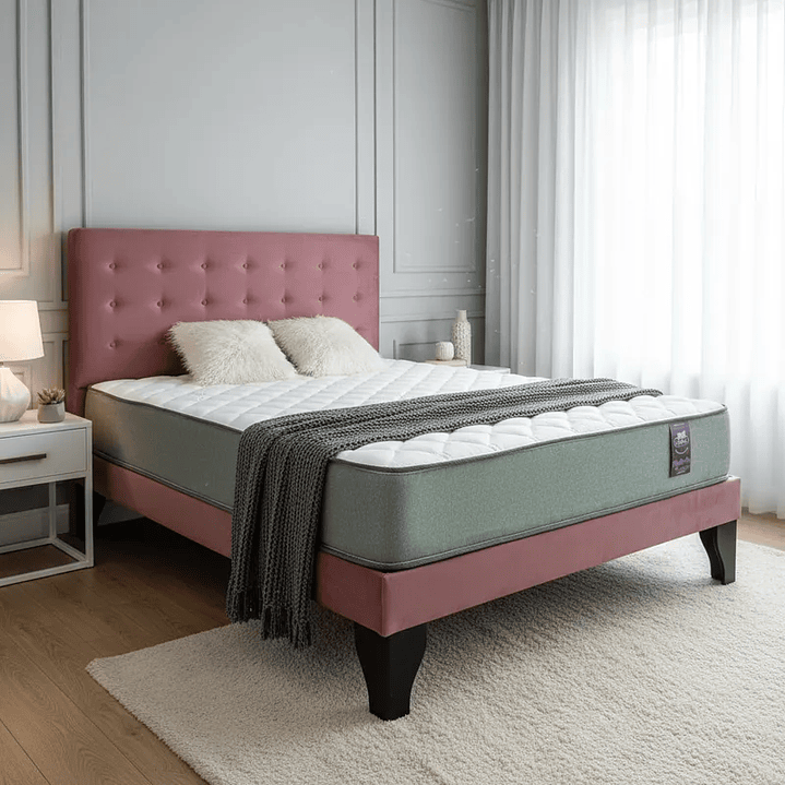 Cama Europea 2 Plazas Base Dividida + Respaldo Abotonado + Colchón 3