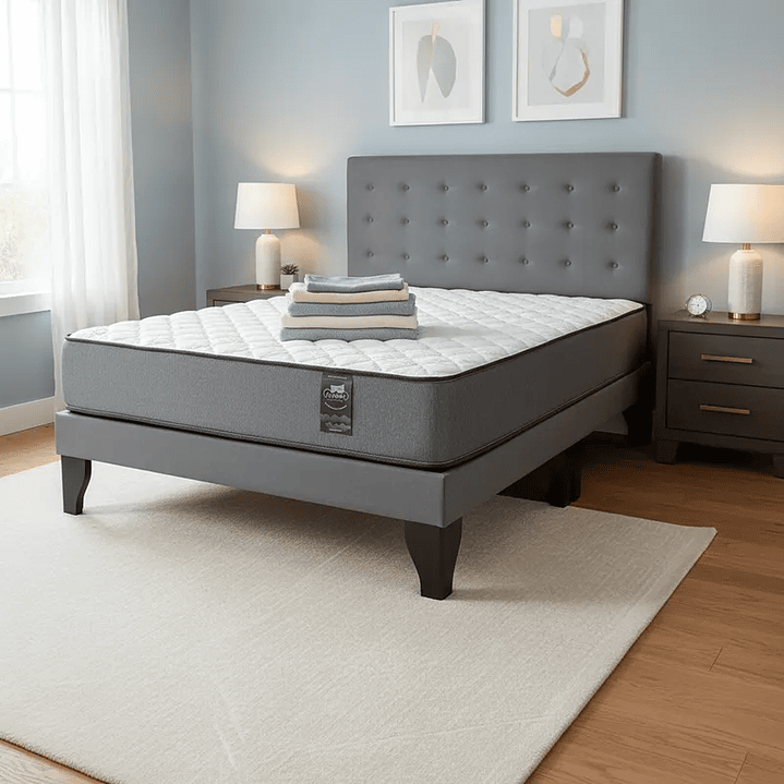 Cama Europea 2 Plazas Base Dividida + Respaldo Abotonado + Colchón 2