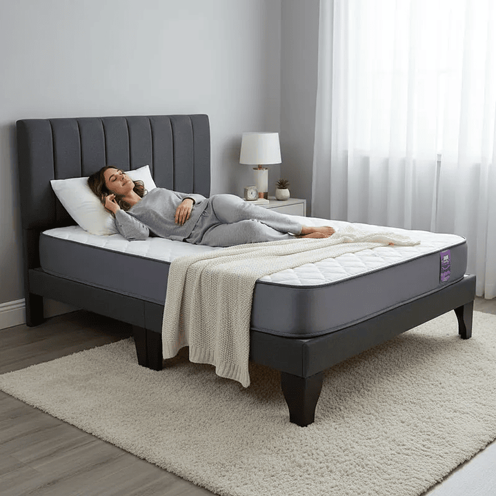 Cama Europea 2 Plazas Base Dividida + Respaldo Franjas + Colchón Funcional 3