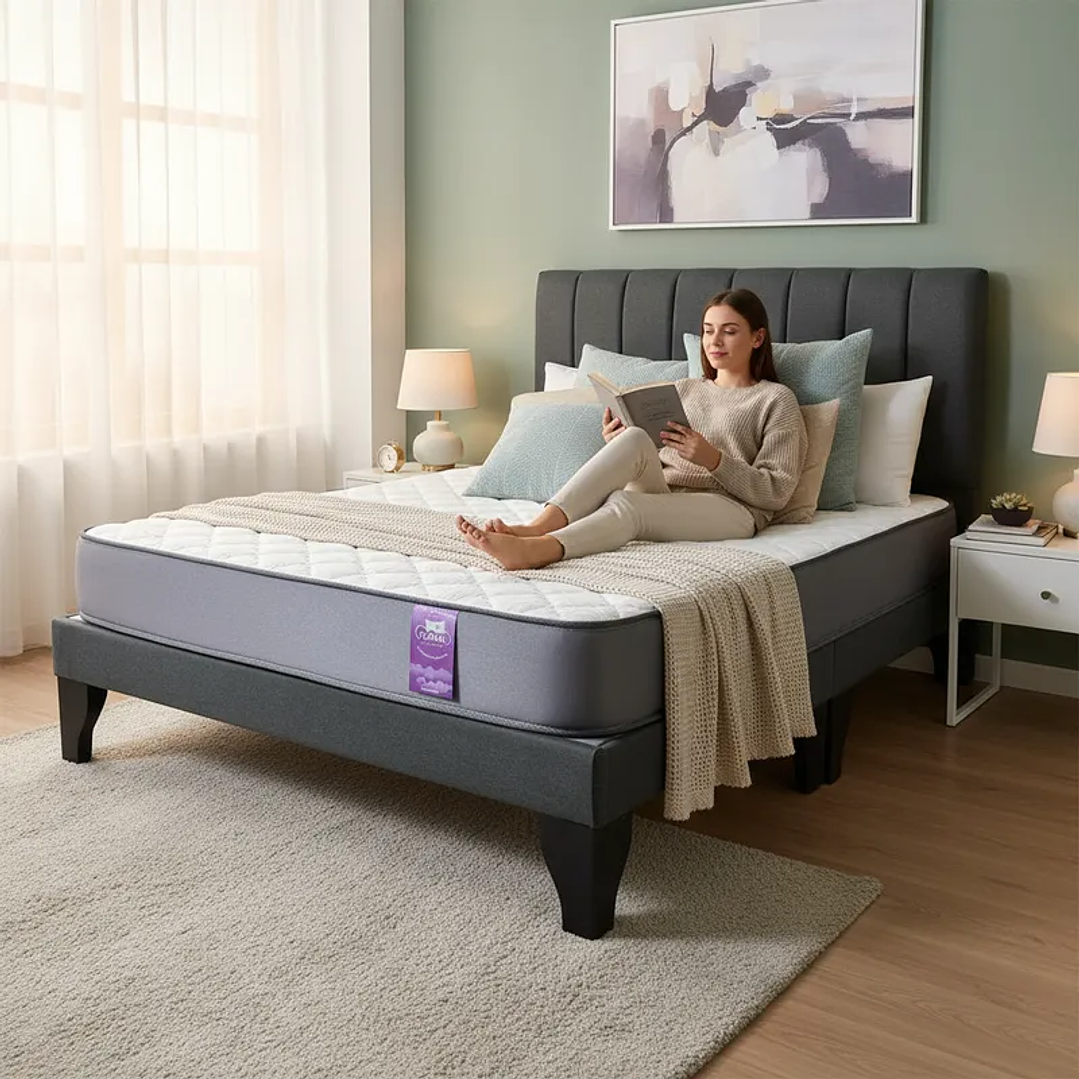 Cama Europea 2 Plazas Base Dividida + Respaldo Franjas + Colchón Funcional 1