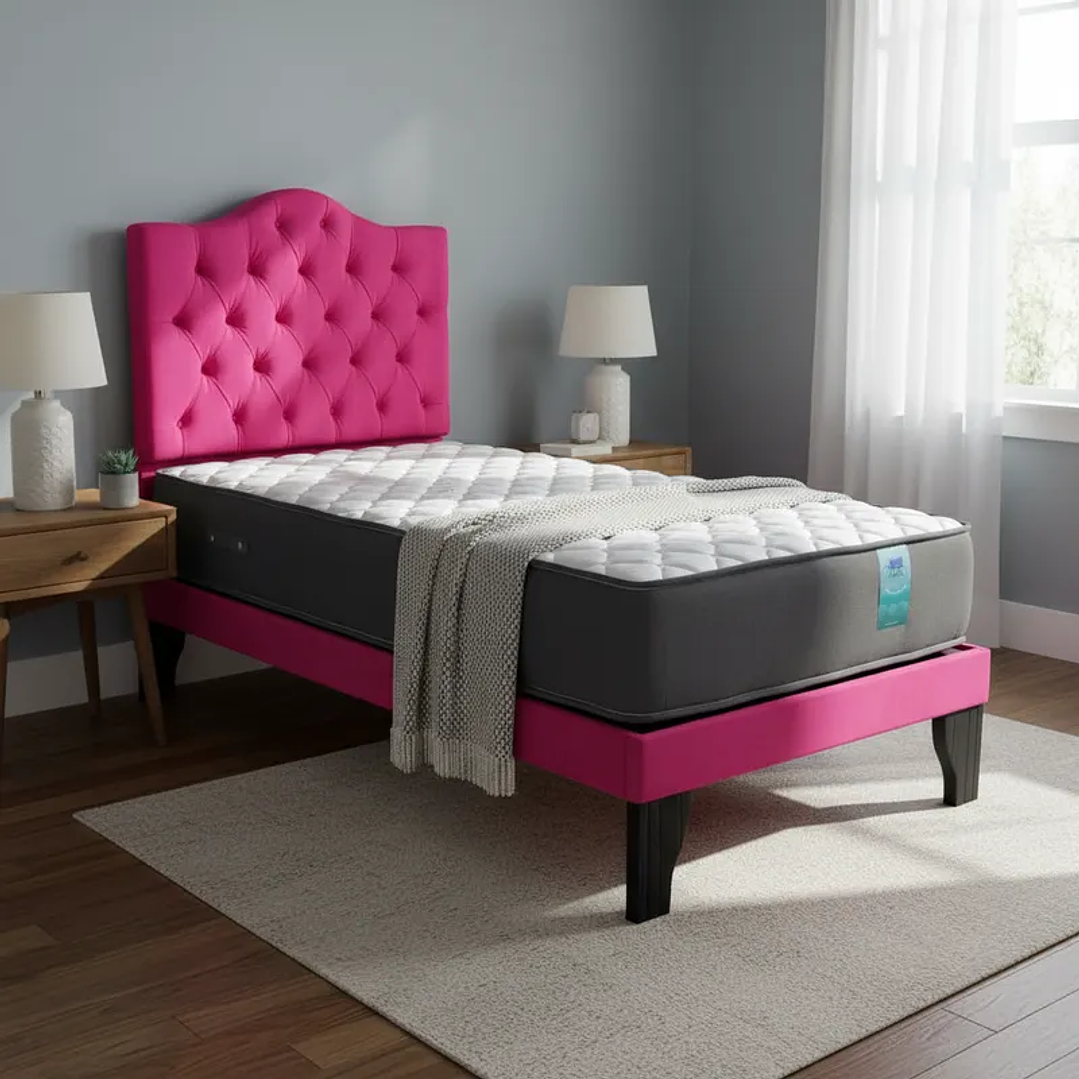 CAMA 1,5 PLAZAS OVALADO 105X190CM + RESPALDO FUCSIA + COLCHON FLOBAL 3