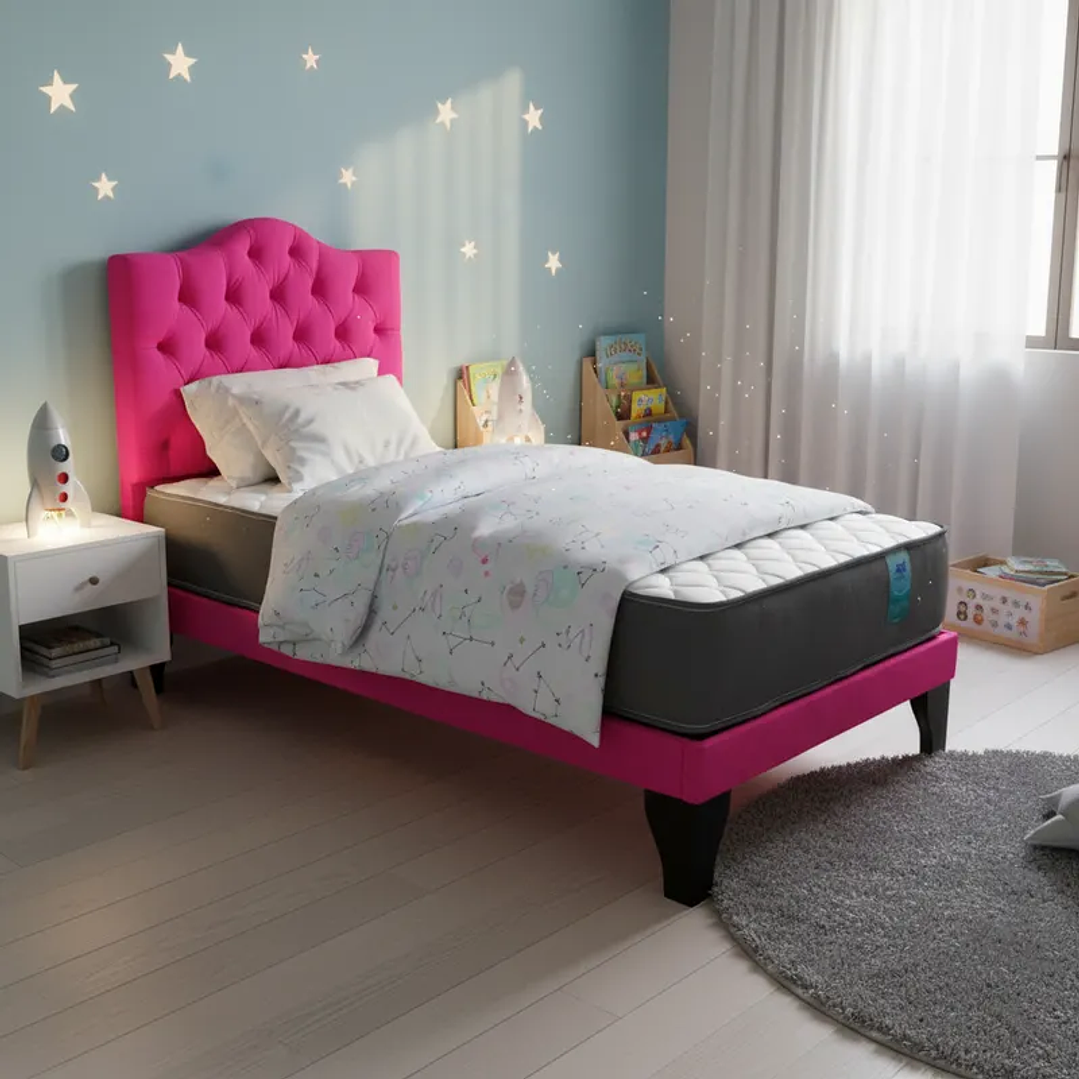 CAMA 1,5 PLAZAS OVALADO 105X190CM + RESPALDO FUCSIA + COLCHON FLOBAL 1