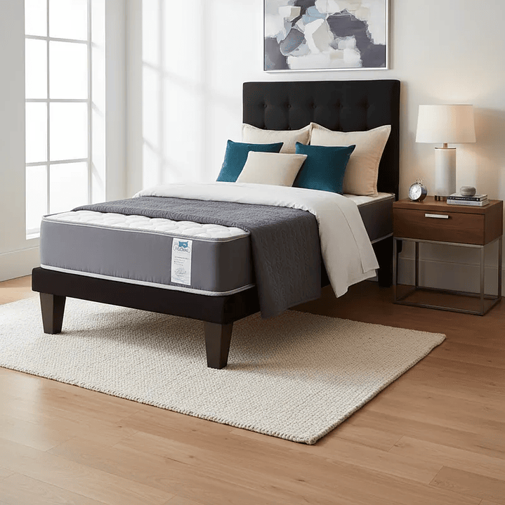 Cama Europea 1 Plaza + Respaldo Abotonado + Colchón Funcional 1