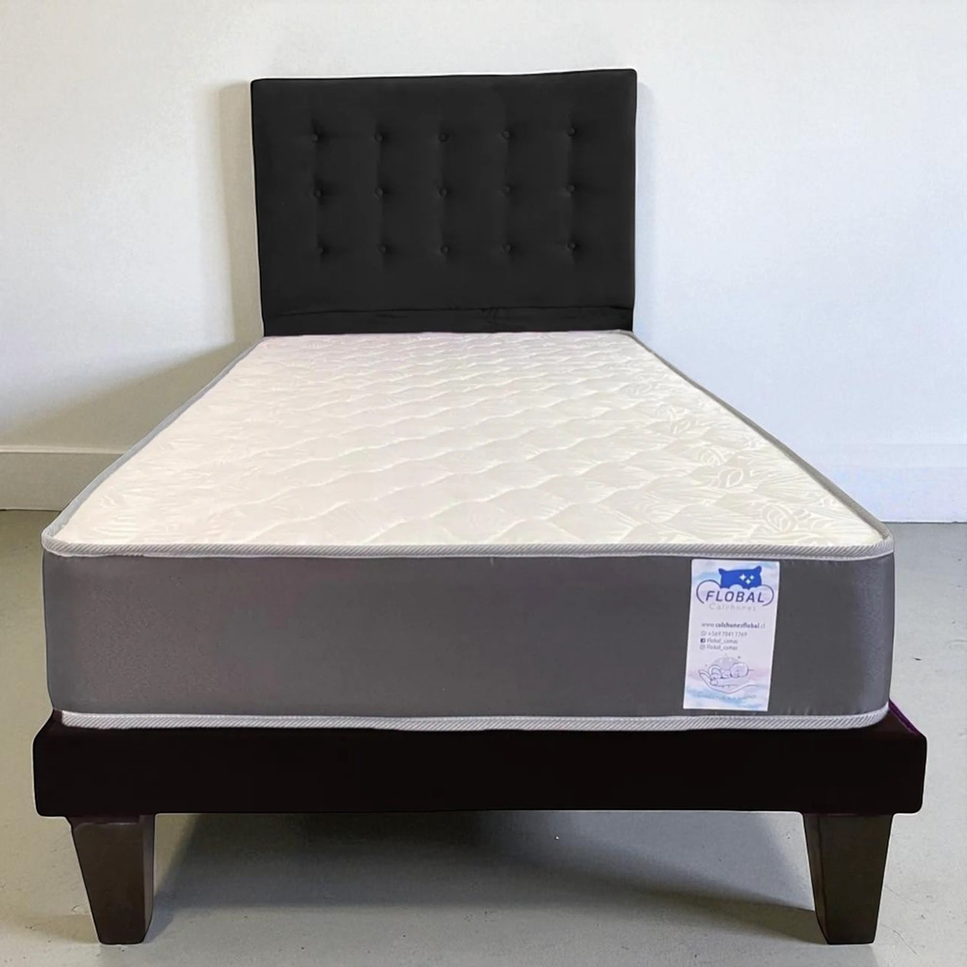 Cama Europea 1,5 Plaza + Respaldo Abotonado + Colchón Funcional 4