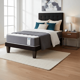 Cama Europea 1,5 Plaza + Respaldo Abotonado + Colchón Funcional