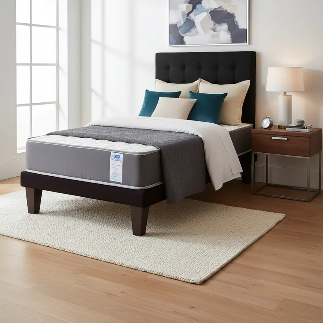 Cama Europea 1,5 Plaza + Respaldo Abotonado + Colchón Funcional 1