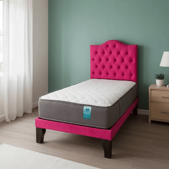 CAMA 1 PLAZA OVALADO 105X190CM + RESPALDO FUCSIA + COLCHON  2