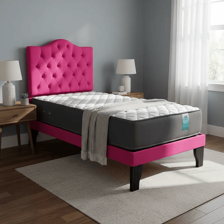 CAMA 1 PLAZA OVALADO 105X190CM + RESPALDO FUCSIA + COLCHON  3