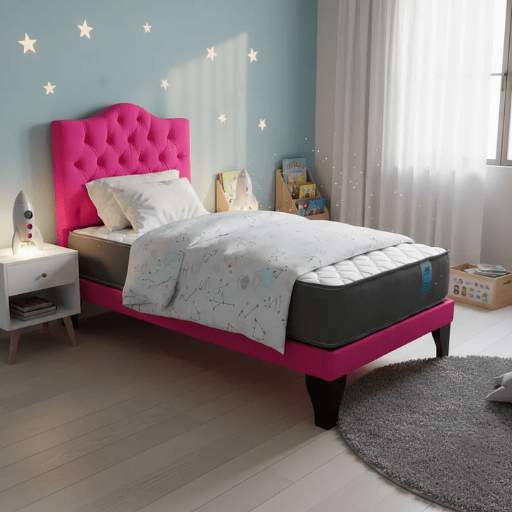 CAMA 1 PLAZA OVALADO 105X190CM + RESPALDO FUCSIA + COLCHON  1