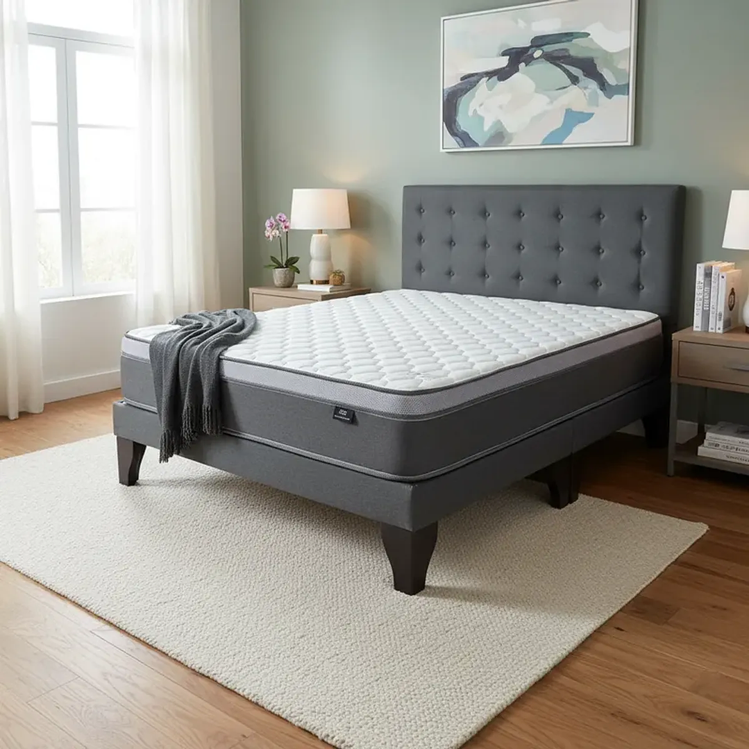 Cama Europea Super King + Respaldo Abotonado  +Colchón 200x200x28 1