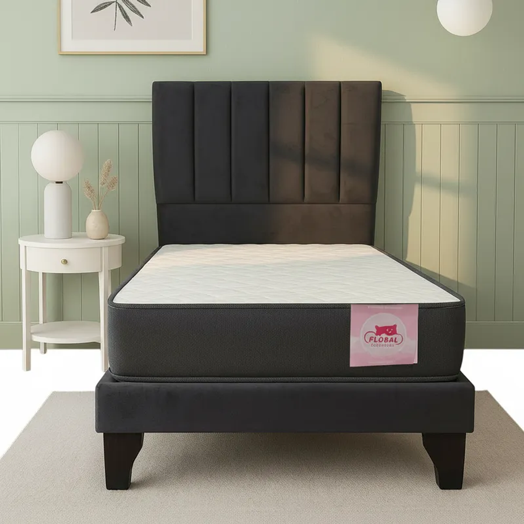 Cama Europea 1 Plaza + Respaldo Franjas + Colchón 90x190 4