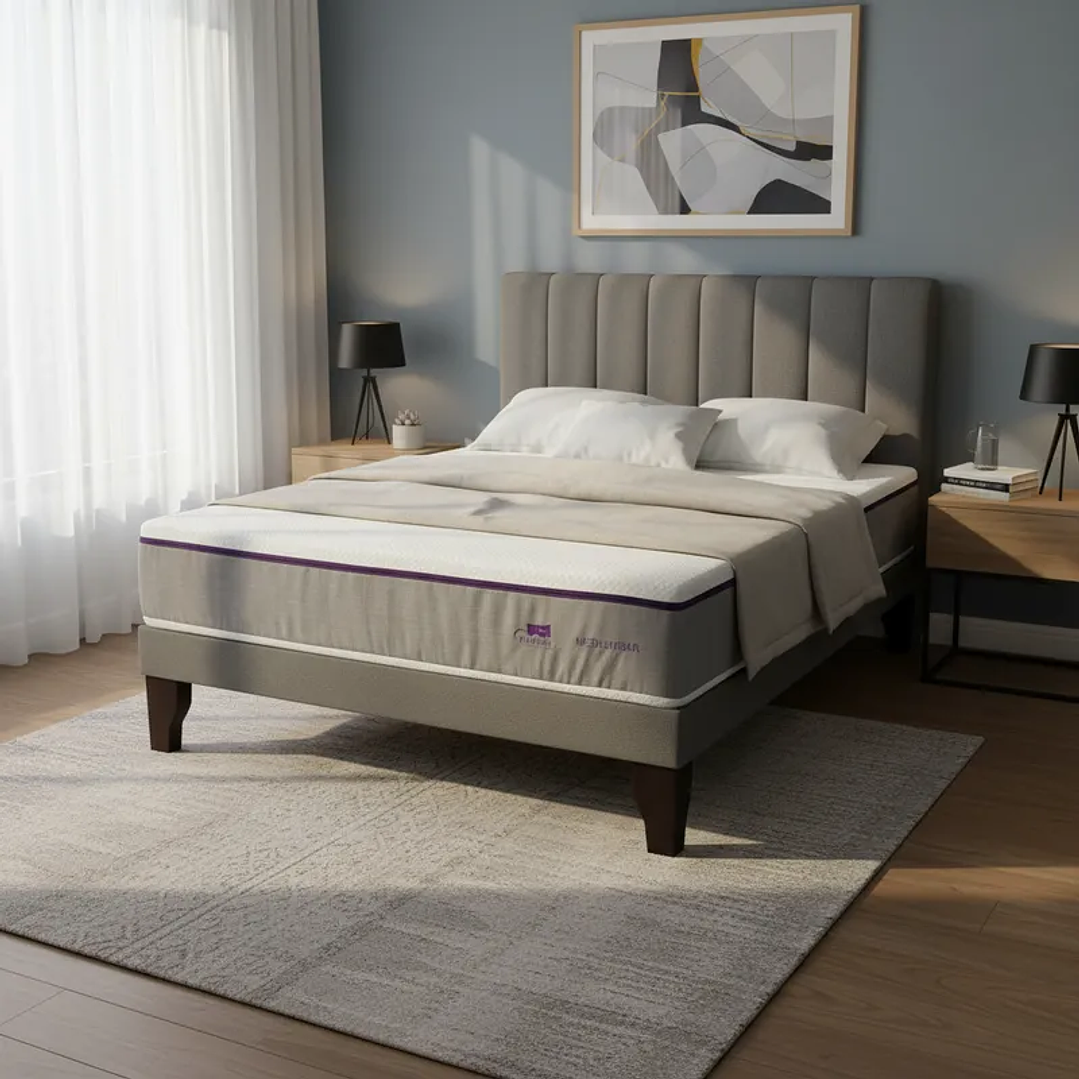 Cama Europea king Plazas + Respaldo Franjas + Colchón Lumbarfit 3