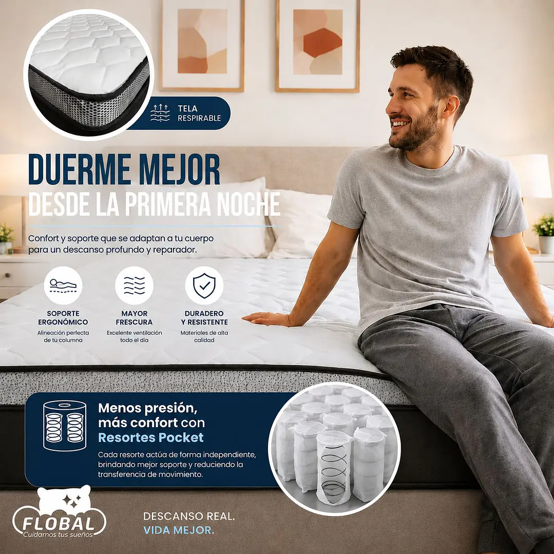 Cama Europea Super King + Respaldo Capitones + Colchón Pilow Funcional 4
