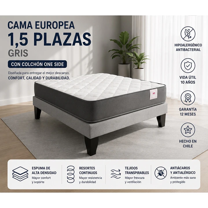 Cama Europea 1,5 Plazas + Almohada 3