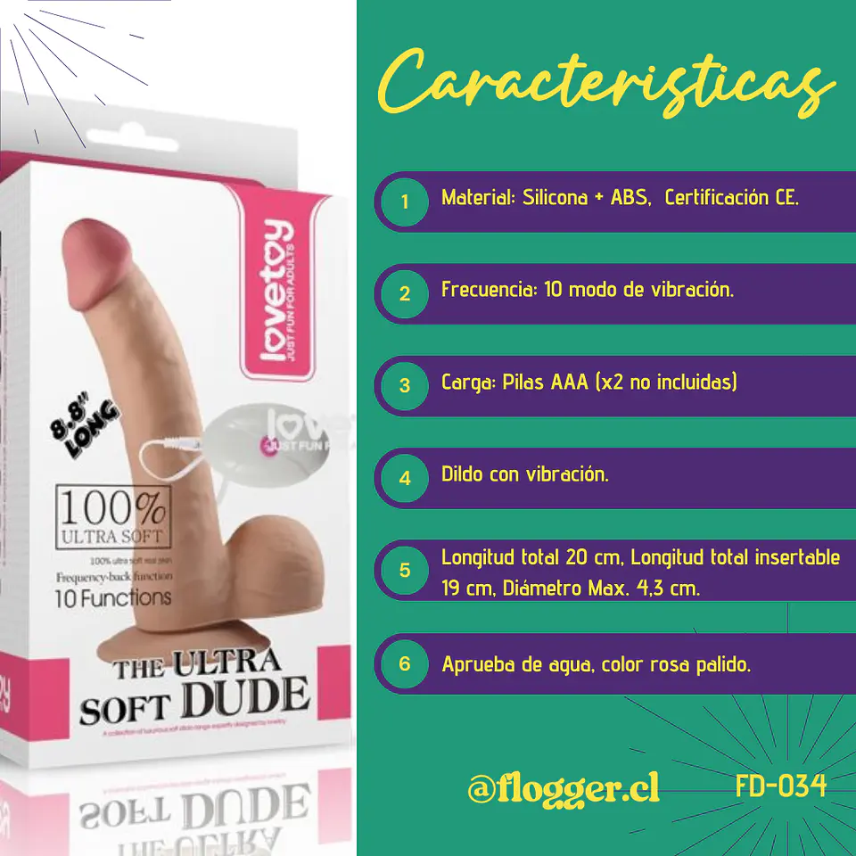 Dildo vibrador a control 20cm The Ultra Soft Dude LOVETOY 2