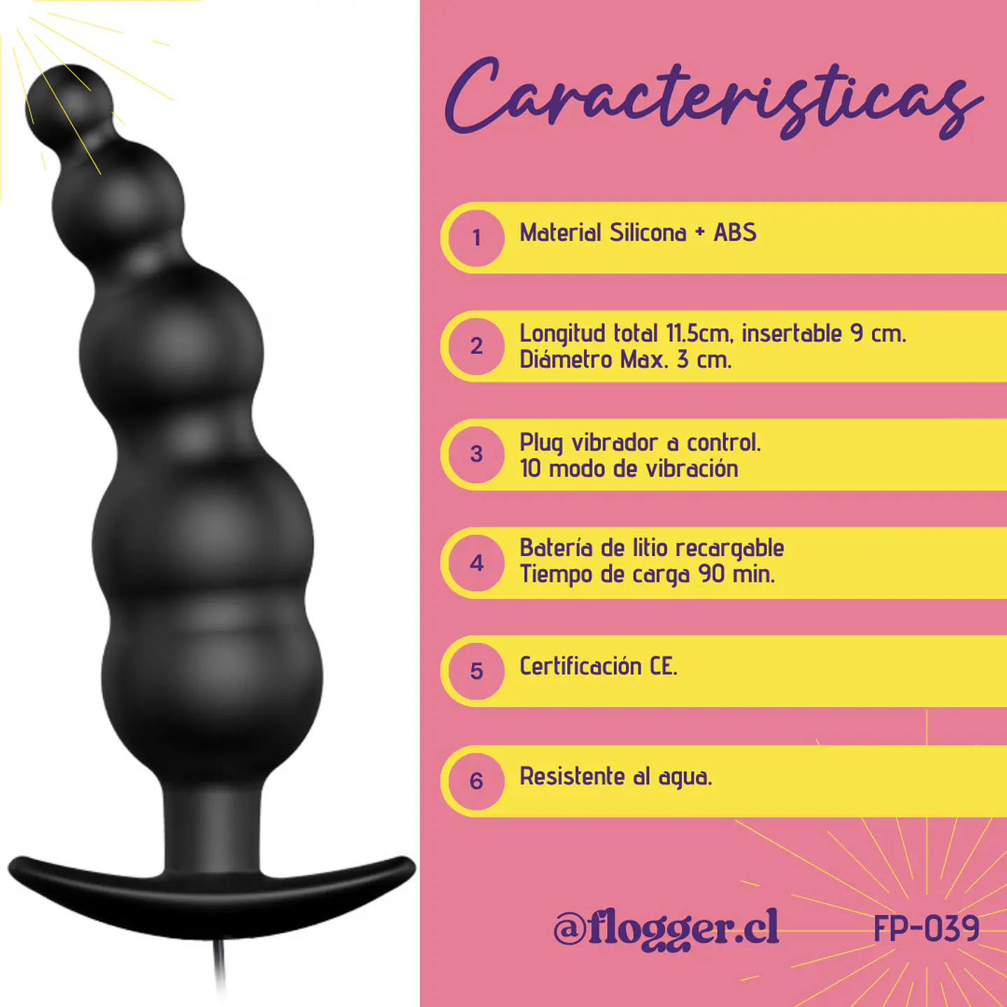 Plug Anal Vibrador Perlas Vibrantes con control 3
