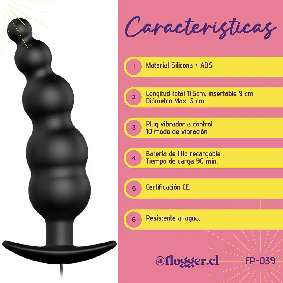 Plug Anal Vibrador Perlas Vibrantes con control 3