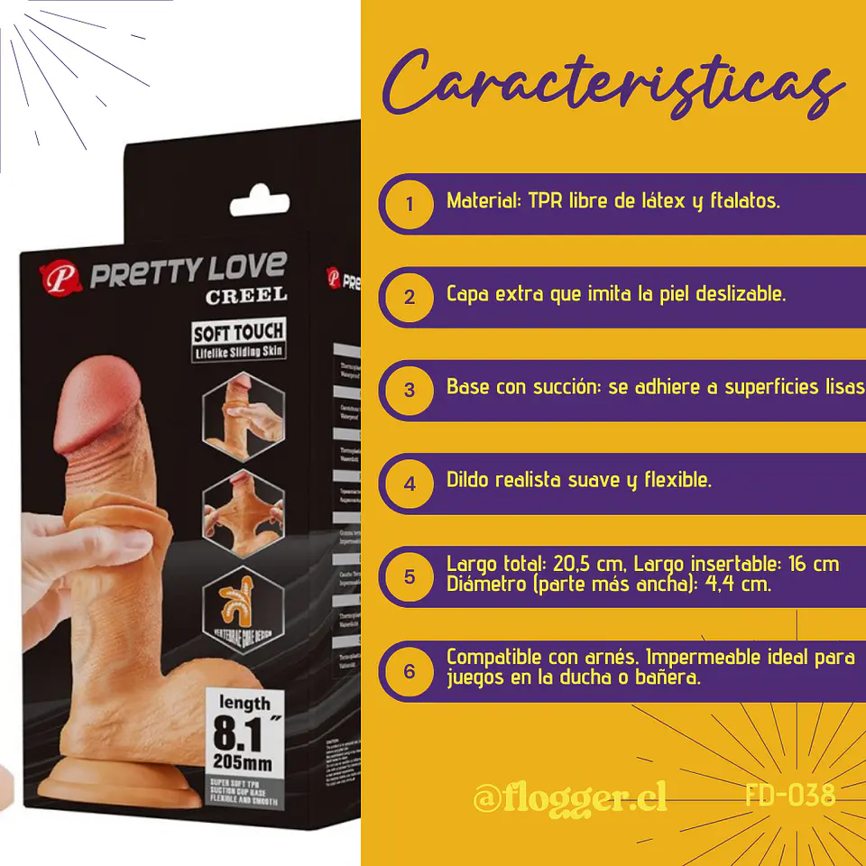 Dildo Realista Pretty Love Creel - Piel Deslizable de 20.5 cm con Ventosa 6