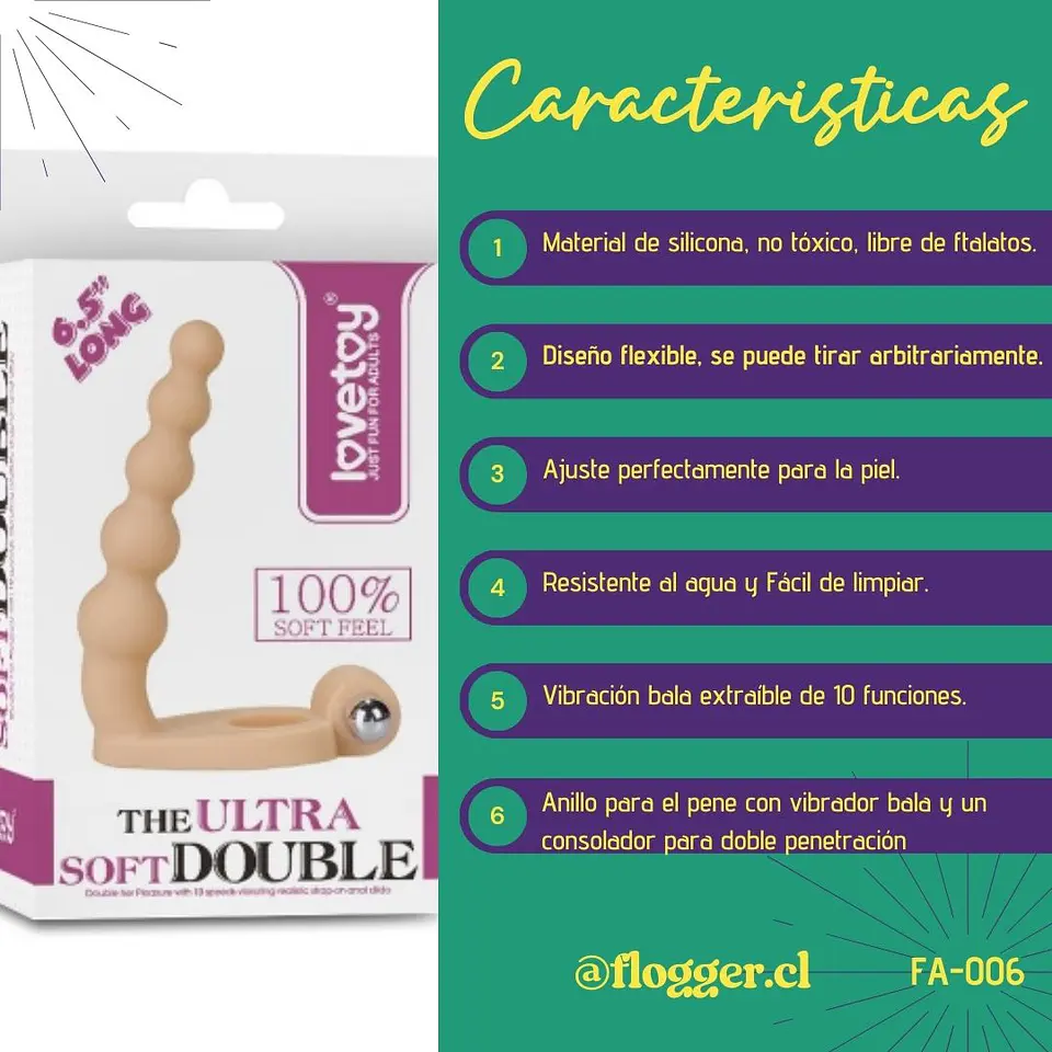 Anillo Vibrador con Dildo Double UltraSoft 16cm - Doble Penetración y 10 Modos 4