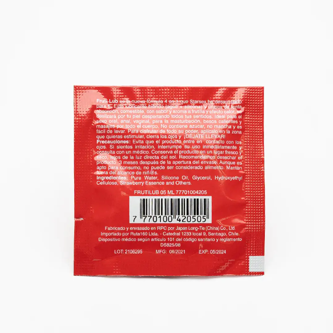 Sachet Lubricante Híbrido FrutiLub 5ml - Efecto Calor y Sabor Frutilla 2