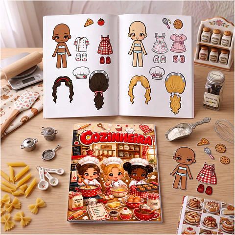 Arquivo de Corte Livro Interativo Paper Dolls Bonecas de Papel Cozinheira Chefe de Cozinha 3
